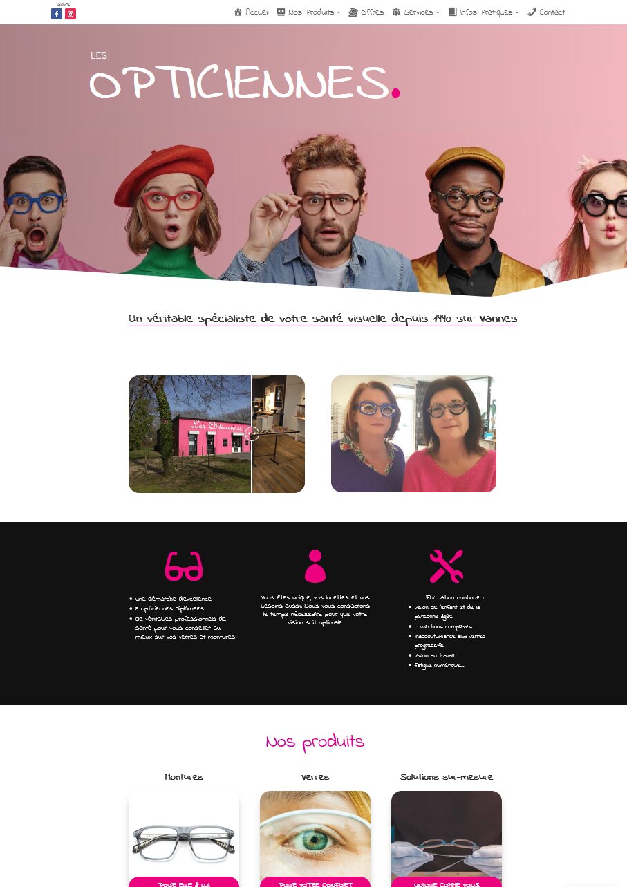 Page d'accueil site opticiens, assortiment lunettes colorées